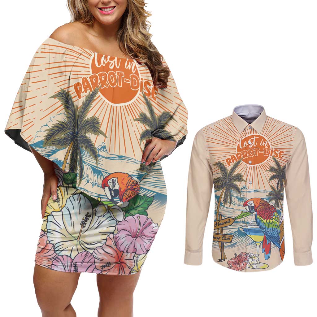 Personalized Christmas In July - Hawaii Retro Couples Matching Off Shoulder Short Dress and Long Sleeve Button Shirt Lost In Parrot-dise
