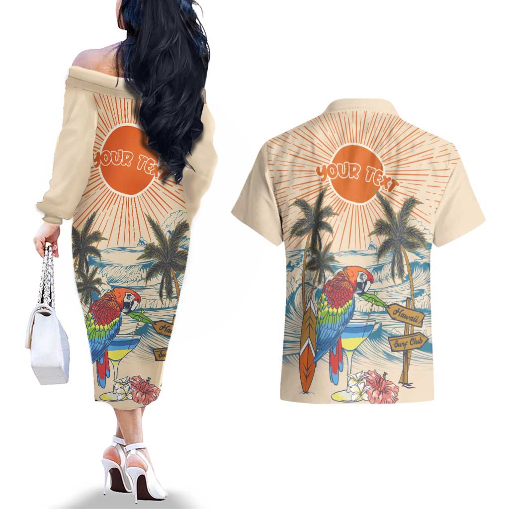Personalized Christmas In July - Hawaii Retro Couples Matching Off The Shoulder Long Sleeve Dress and Hawaiian Shirt Lost In Parrot-dise