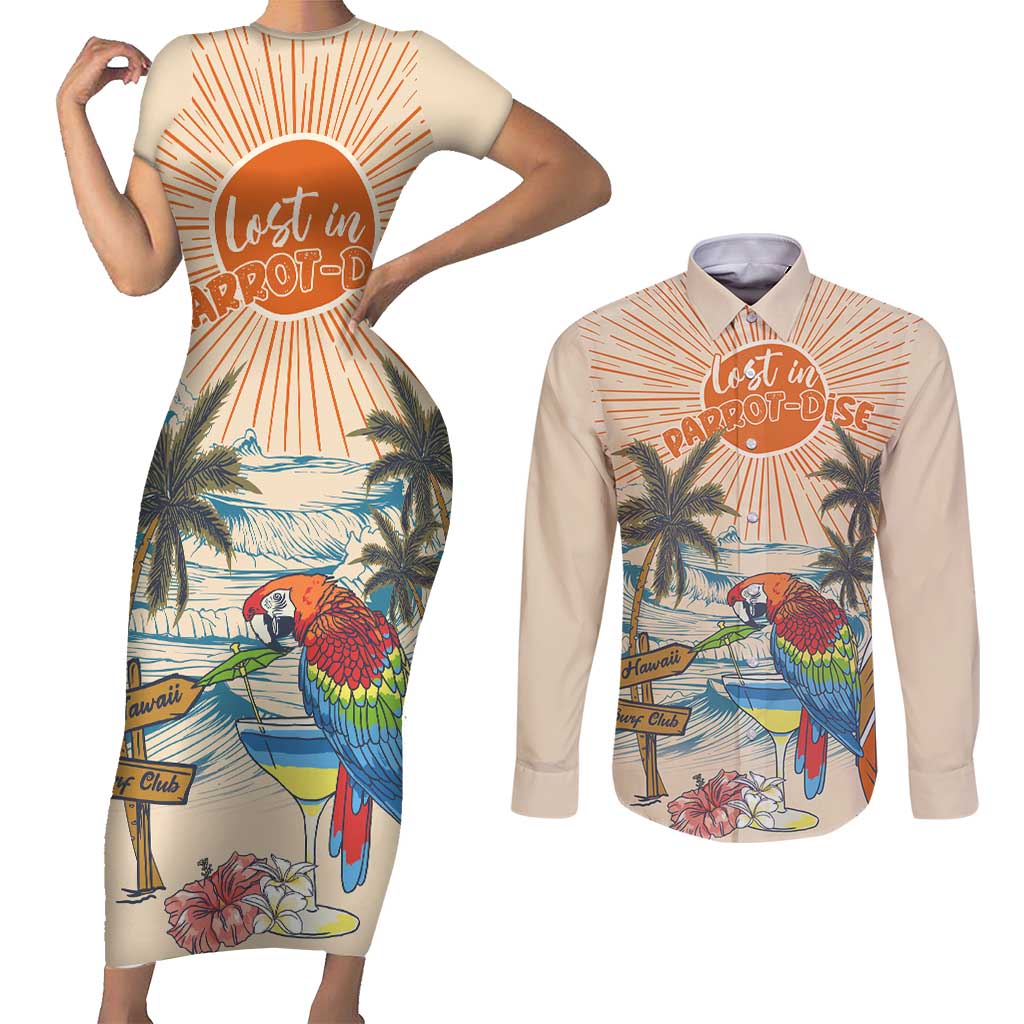 Personalized Christmas In July - Hawaii Retro Couples Matching Short Sleeve Bodycon Dress and Long Sleeve Button Shirt Lost In Parrot-dise
