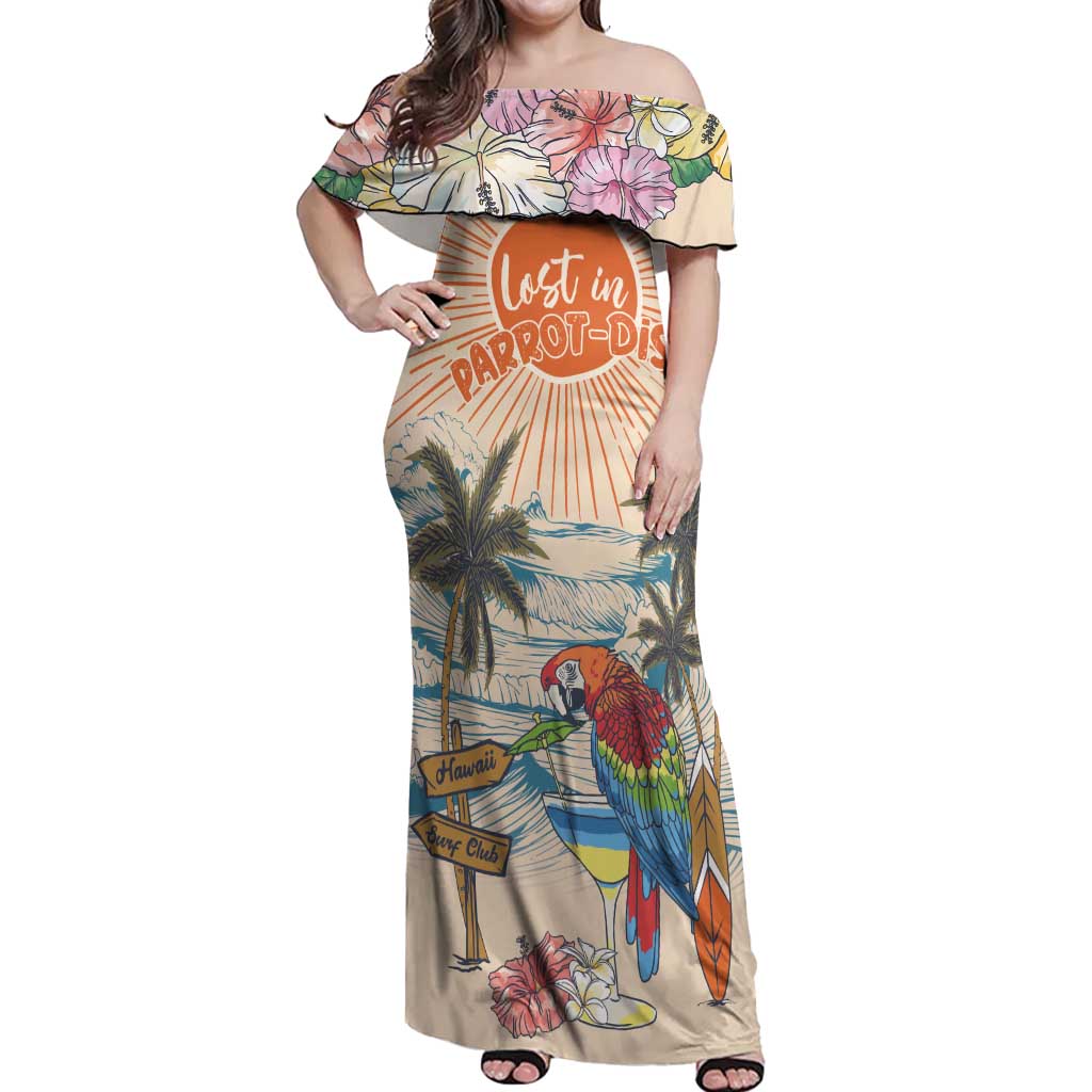 Personalized Christmas In July - Hawaii Retro Off Shoulder Maxi Dress Lost In Parrot-dise