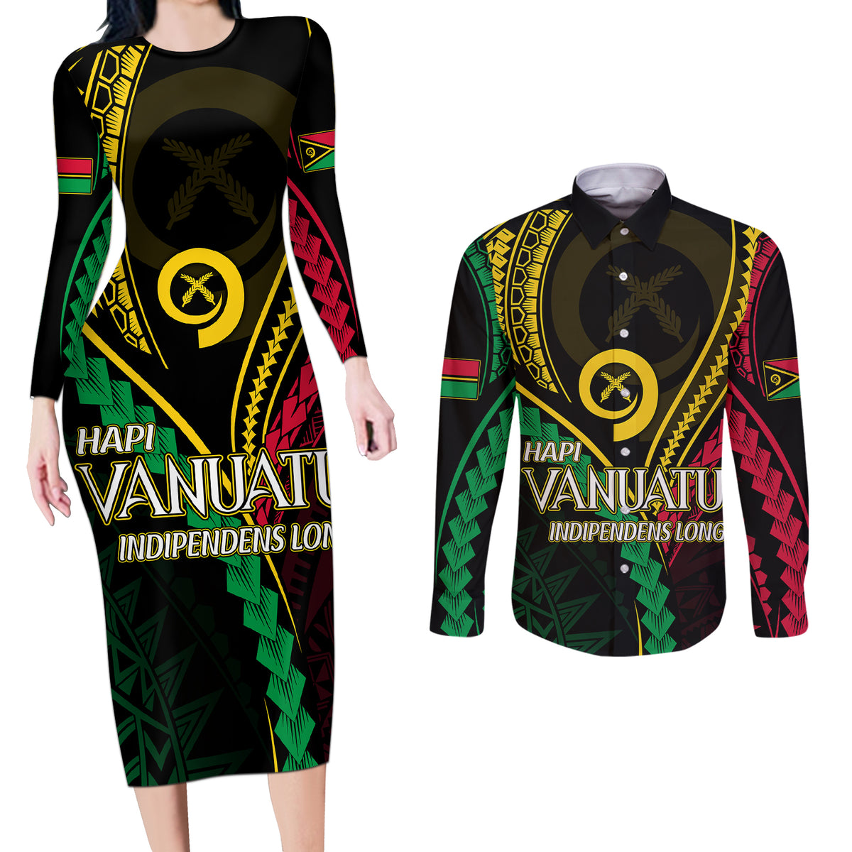 Personalised Vanuatu Couples Matching Long Sleeve Bodycon Dress and Long Sleeve Button Shirts 44th Hapi Indipendens Long LT7 Black - Polynesian Pride