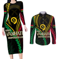 Personalised Vanuatu Couples Matching Long Sleeve Bodycon Dress and Long Sleeve Button Shirts 44th Hapi Indipendens Long LT7 Black - Polynesian Pride