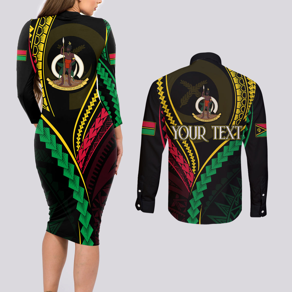 Personalised Vanuatu Couples Matching Long Sleeve Bodycon Dress and Long Sleeve Button Shirts 44th Hapi Indipendens Long LT7 - Polynesian Pride
