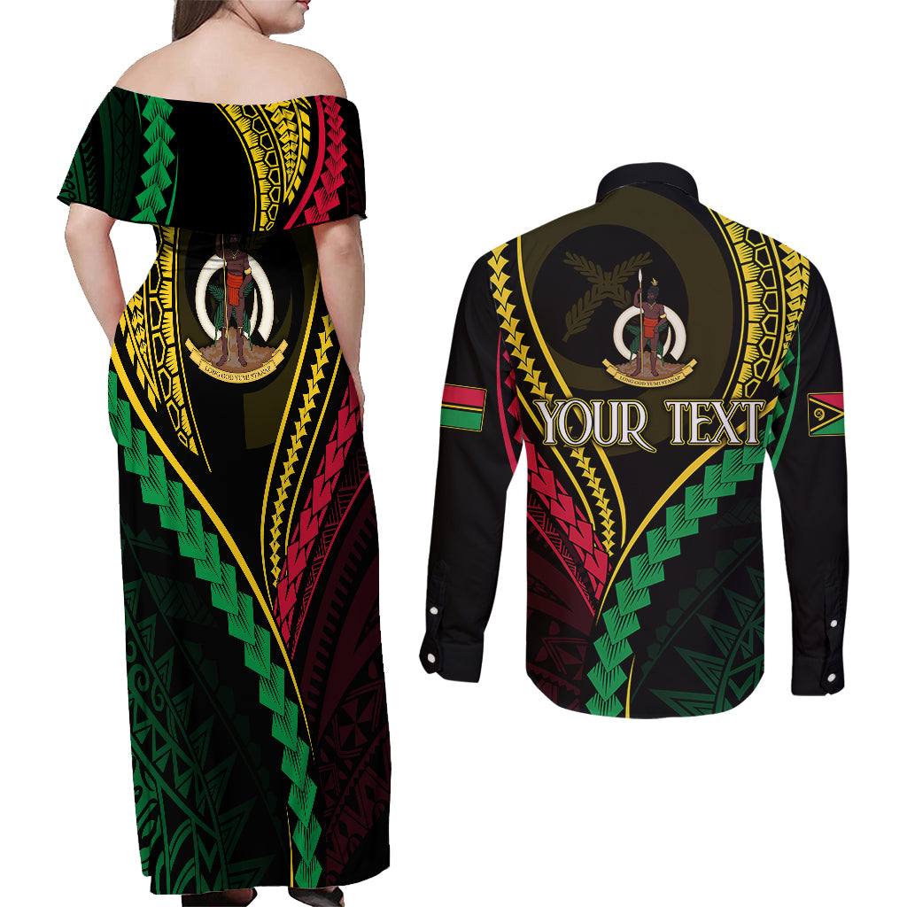 Personalised Vanuatu Couples Matching Off Shoulder Maxi Dress and Long Sleeve Button Shirts 44th Hapi Indipendens Long LT7 - Polynesian Pride