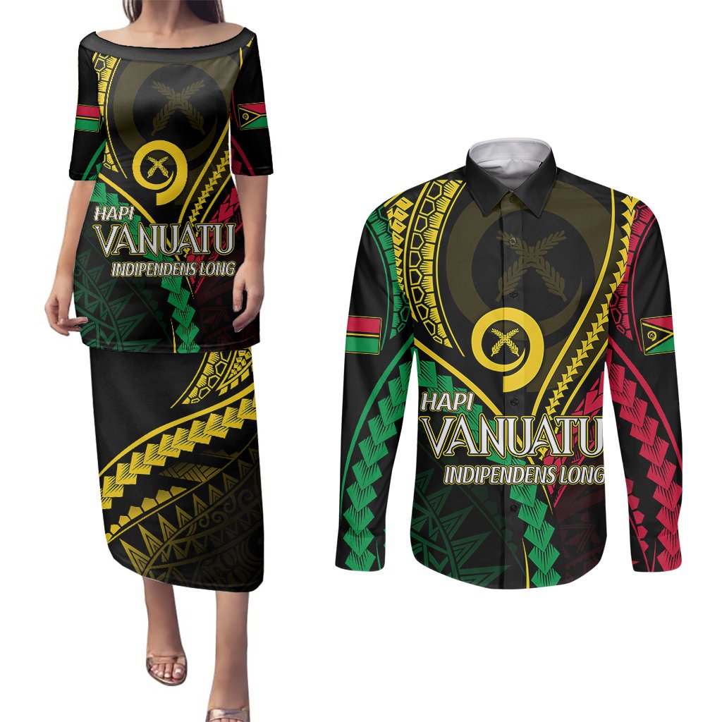 Personalised Vanuatu Couples Matching Puletasi Dress and Long Sleeve Button Shirts 44th Hapi Indipendens Long LT7 Black - Polynesian Pride