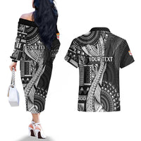Fiji Rugby Personalised Bula Masi Couples Matching Off The Shoulder Long Sleeve Dress and Hawaiian Shirt Fish Tail Kaivity Cibi - Black