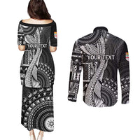 Fiji Rugby Personalised Bula Masi Couples Matching Puletasi and Long Sleeve Button Shirt Fish Tail Kaivity Cibi - Black