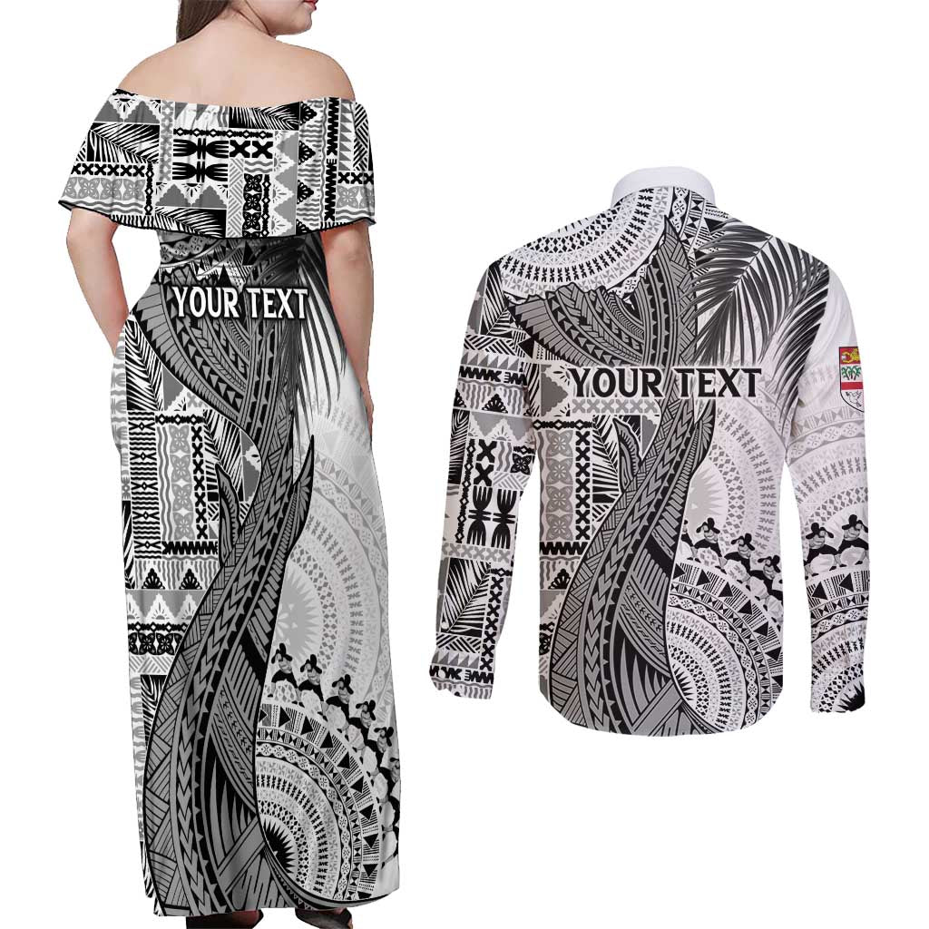 Fiji Rugby Personalised Bula Masi Couples Matching Off Shoulder Maxi Dress and Long Sleeve Button Shirt Fish Tail Kaivity Cibi - White