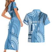 Fiji Rugby Personalised Bula Masi Couples Matching Short Sleeve Bodycon Dress and Hawaiian Shirt Fish Tail Kaivity Cibi - Turquoise