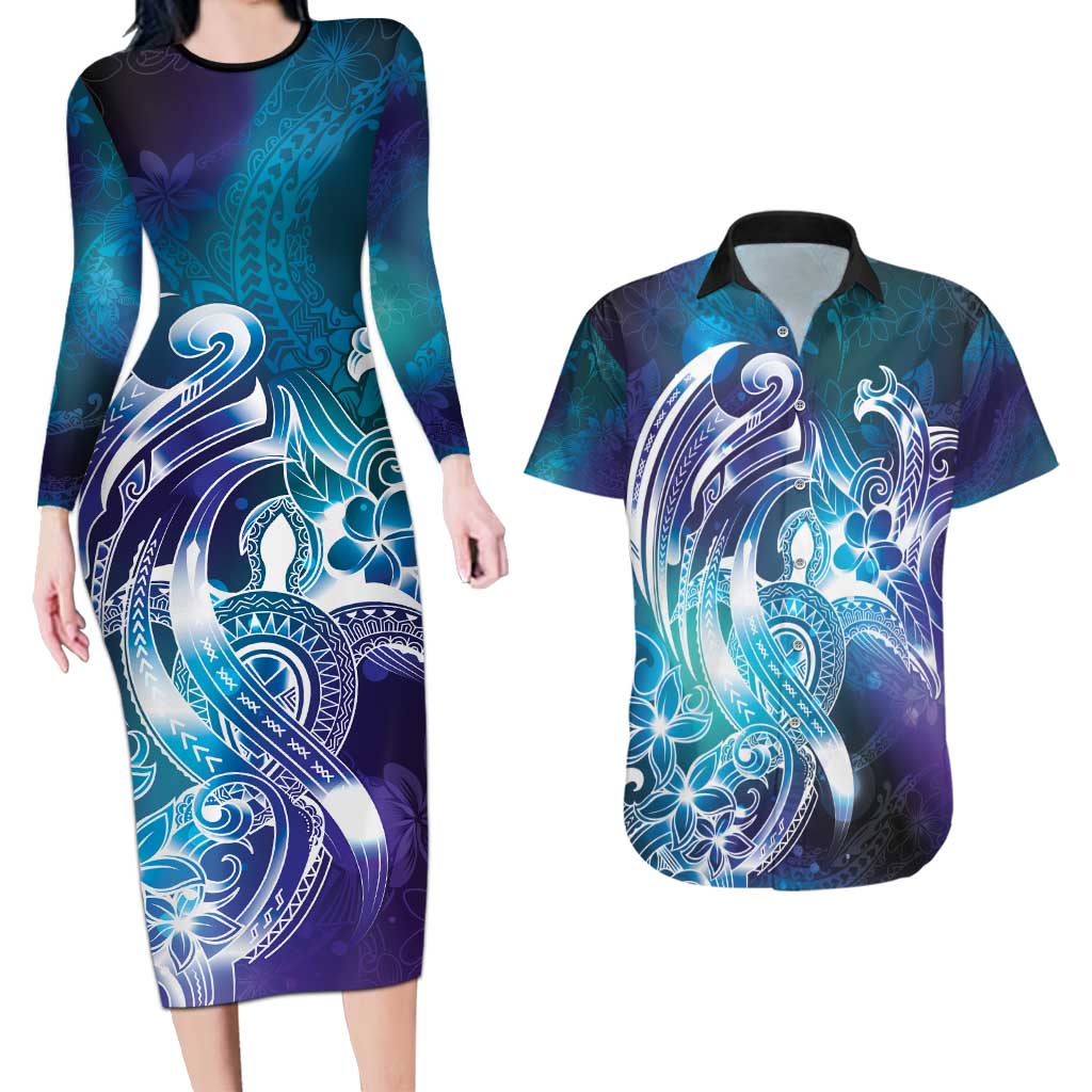 Aloha Hawaii Turtle Couples Matching Long Sleeve Bodycon Dress and Hawaiian Shirt Teal Purple Ribbon - Polynesian Pride