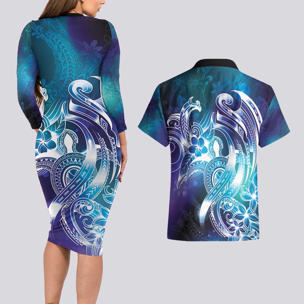 Aloha Hawaii Turtle Couples Matching Long Sleeve Bodycon Dress and Hawaiian Shirt Teal Purple Ribbon - Polynesian Pride