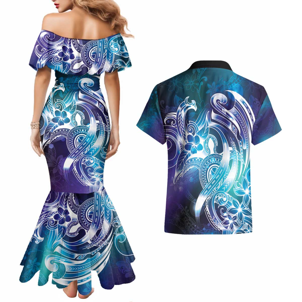 Aloha Hawaii Turtle Couples Matching Mermaid Dress and Hawaiian Shirt Teal Purple Ribbon LT7 - Polynesian Pride