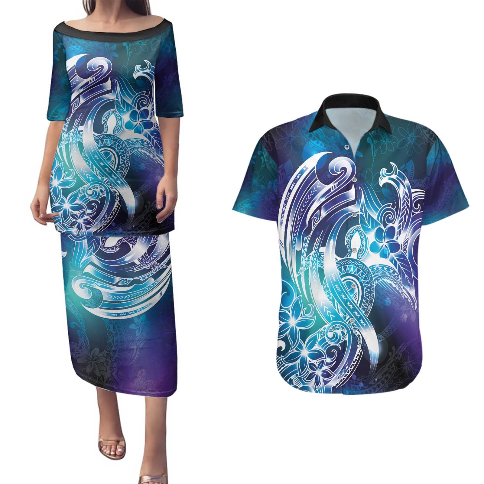 Aloha Hawaii Turtle Couples Matching Puletasi and Hawaiian Shirt Teal Purple Ribbon - Polynesian Pride