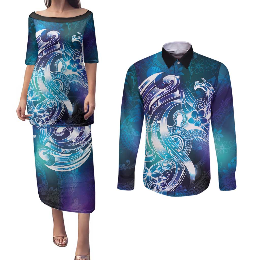 Aloha Hawaii Turtle Couples Matching Puletasi and Long Sleeve Button Shirt Teal Purple Ribbon LT7 Purple Teal - Polynesian Pride