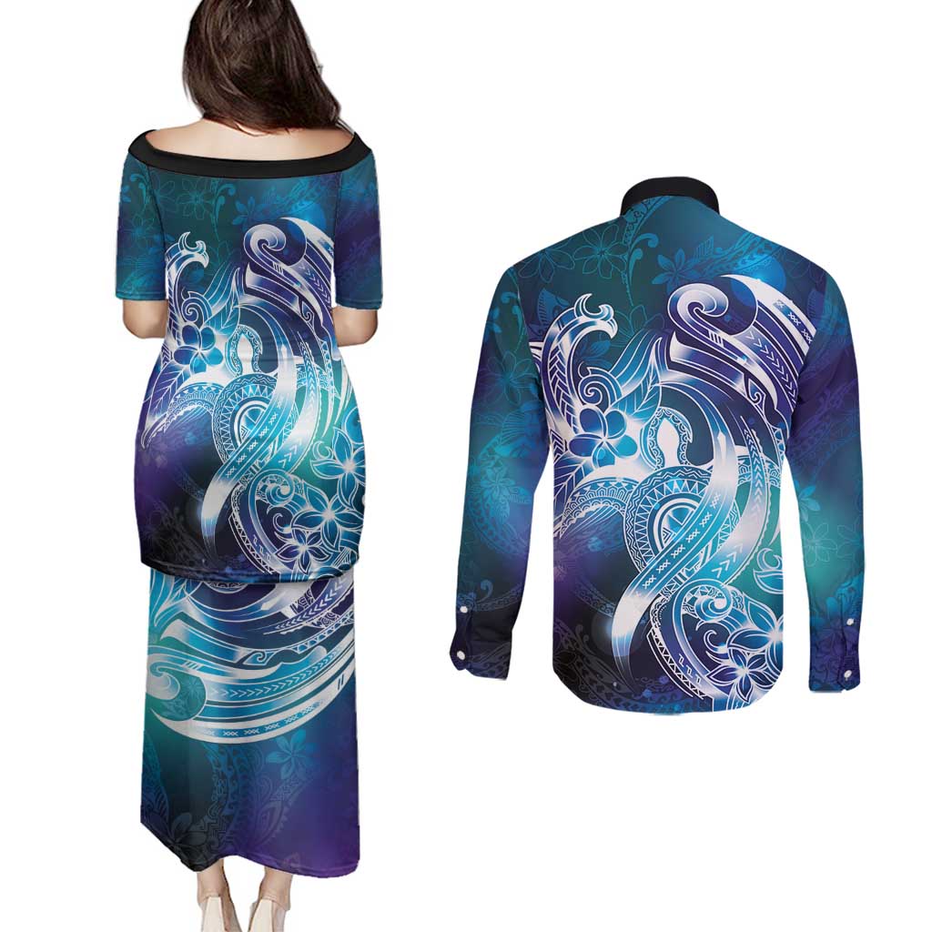 Aloha Hawaii Turtle Couples Matching Puletasi and Long Sleeve Button Shirt Teal Purple Ribbon LT7 - Polynesian Pride