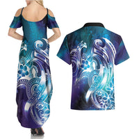 Aloha Hawaii Turtle Couples Matching Summer Maxi Dress and Hawaiian Shirt Teal Purple Ribbon - Polynesian Pride