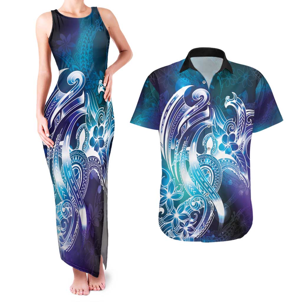 Aloha Hawaii Turtle Couples Matching Tank Maxi Dress and Hawaiian Shirt Teal Purple Ribbon - Polynesian Pride
