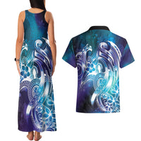 Aloha Hawaii Turtle Couples Matching Tank Maxi Dress and Hawaiian Shirt Teal Purple Ribbon - Polynesian Pride