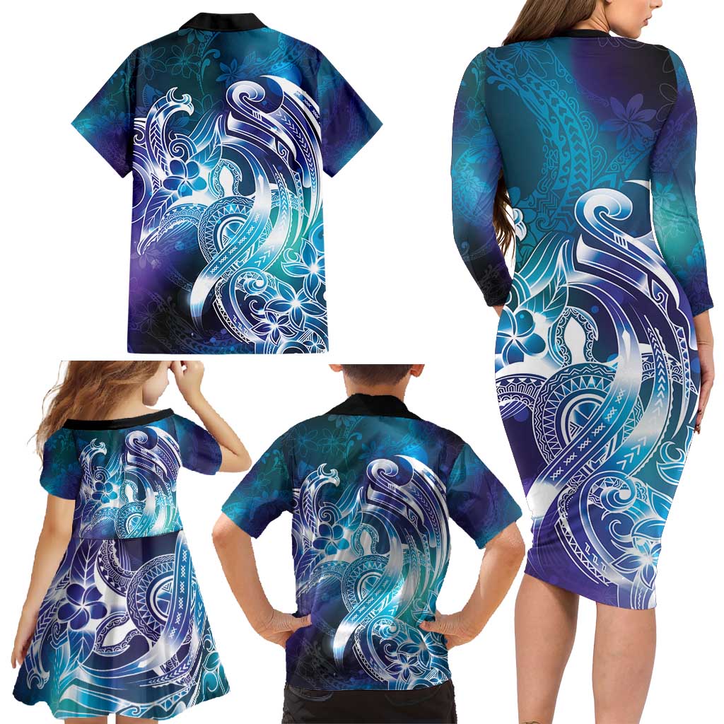 Aloha Hawaii Turtle Family Matching Long Sleeve Bodycon Dress and Hawaiian Shirt Teal Purple Ribbon - Polynesian Pride