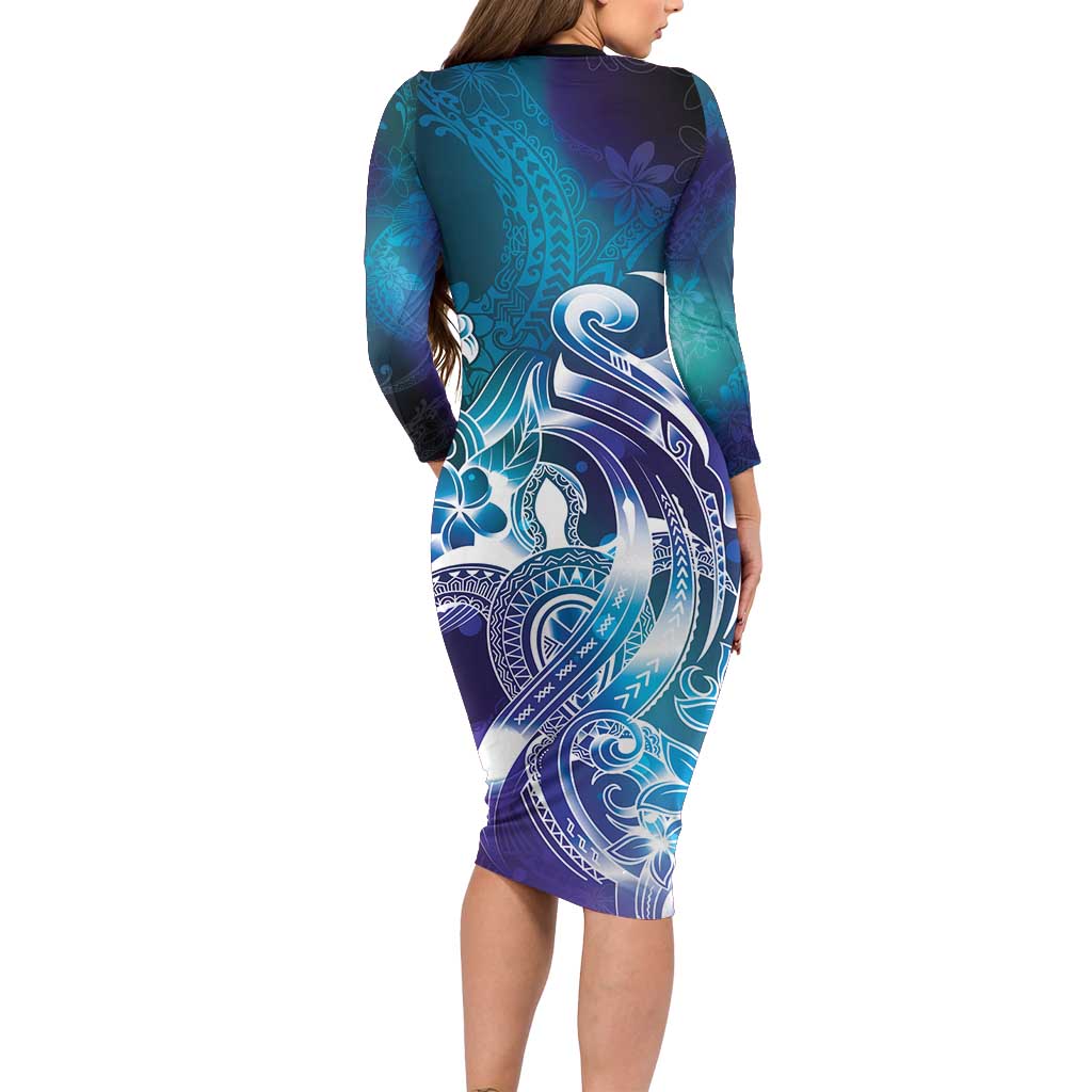 Aloha Hawaii Turtle Family Matching Long Sleeve Bodycon Dress and Hawaiian Shirt Teal Purple Ribbon - Polynesian Pride