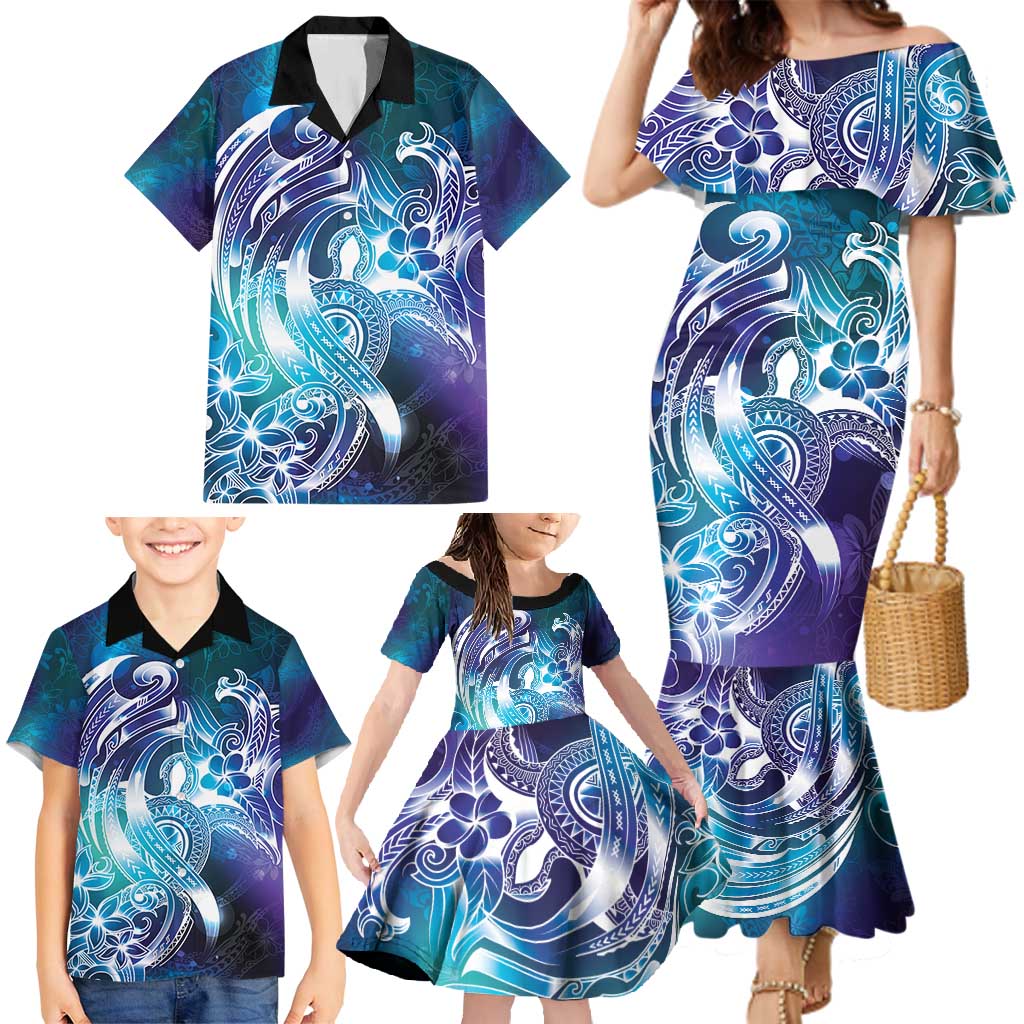 Aloha Hawaii Turtle Family Matching Mermaid Dress and Hawaiian Shirt Teal Purple Ribbon - Polynesian Pride