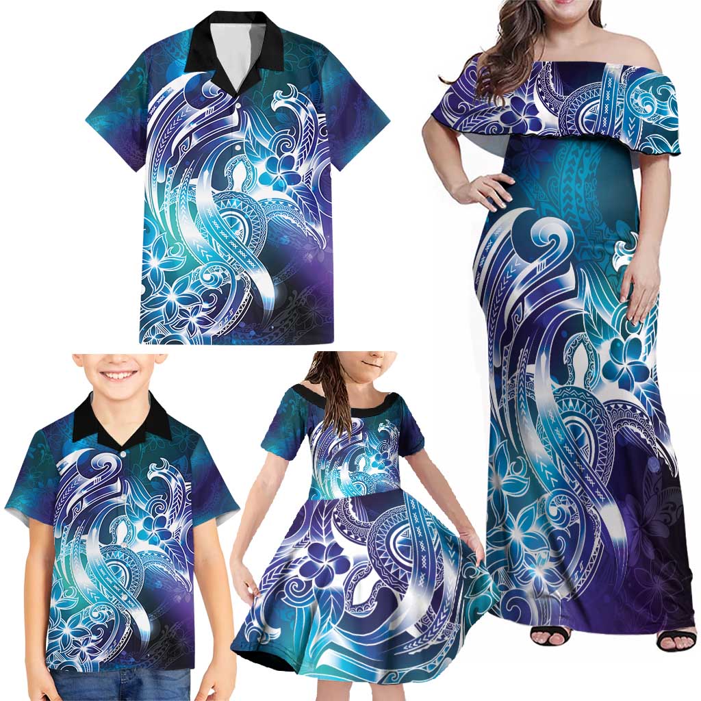 Aloha Hawaii Turtle Family Matching Off Shoulder Maxi Dress and Hawaiian Shirt Teal Purple Ribbon - Polynesian Pride