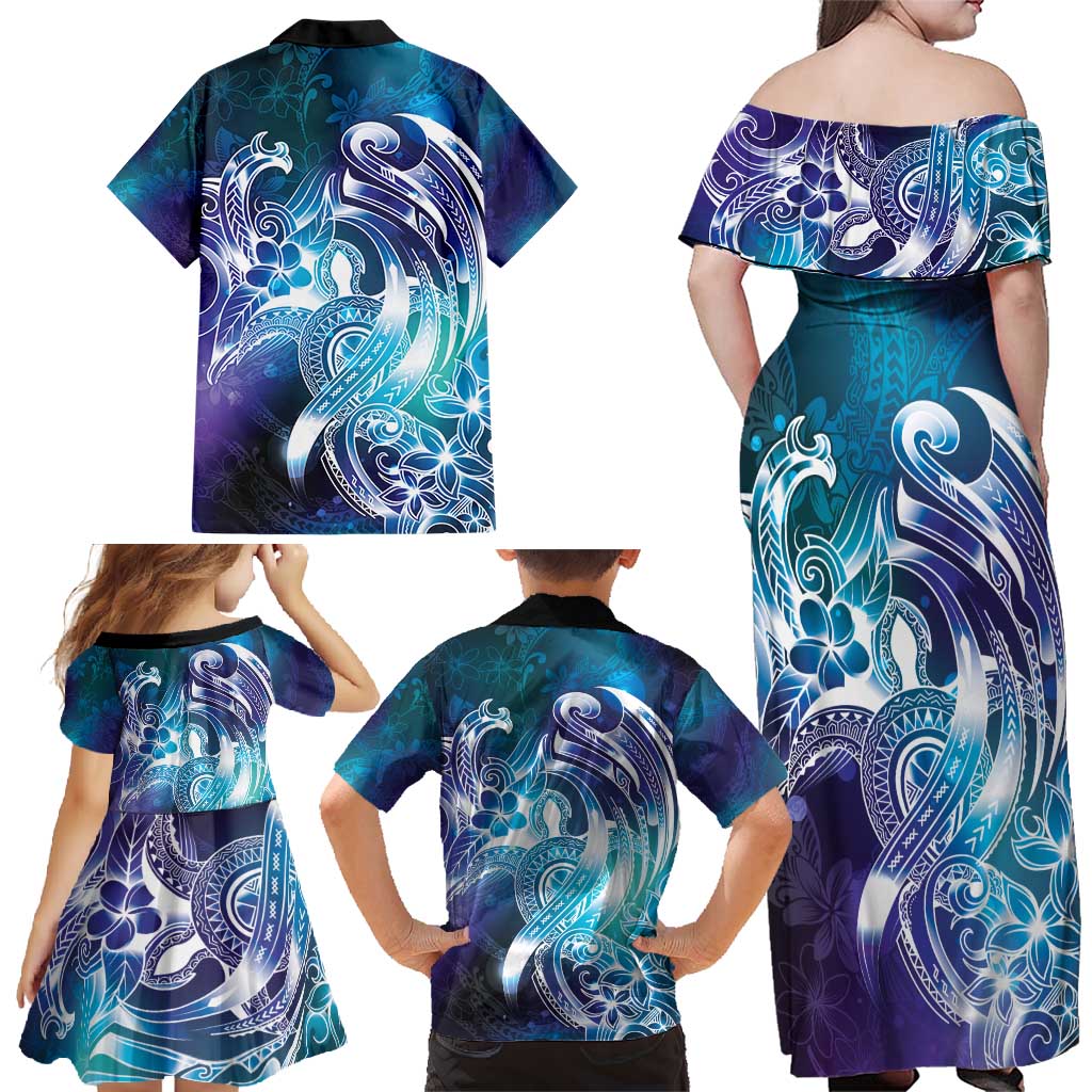 Aloha Hawaii Turtle Family Matching Off Shoulder Maxi Dress and Hawaiian Shirt Teal Purple Ribbon - Polynesian Pride