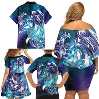 Aloha Hawaii Turtle Family Matching Off Shoulder Short Dress and Hawaiian Shirt Teal Purple Ribbon - Polynesian Pride