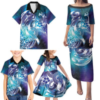 Aloha Hawaii Turtle Family Matching Puletasi and Hawaiian Shirt Teal Purple Ribbon - Polynesian Pride