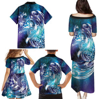 Aloha Hawaii Turtle Family Matching Puletasi and Hawaiian Shirt Teal Purple Ribbon - Polynesian Pride