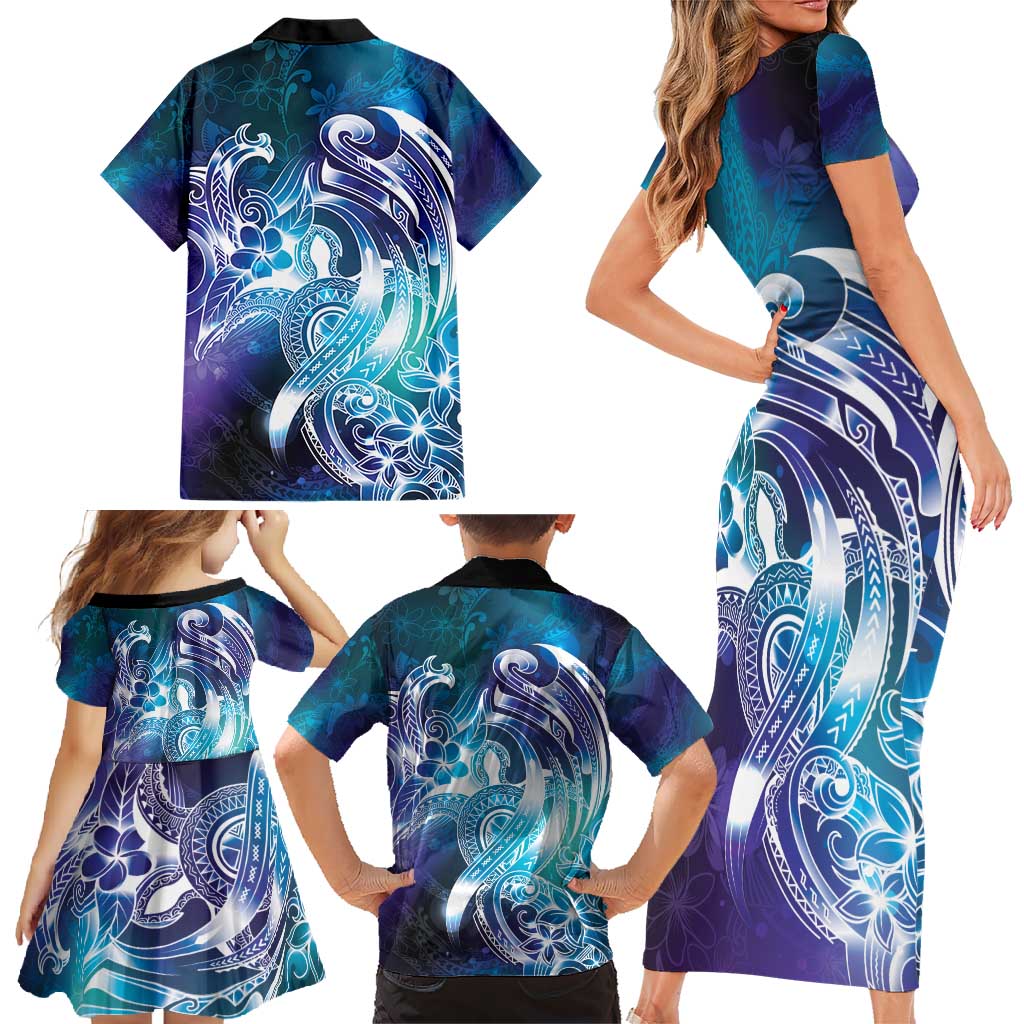 Aloha Hawaii Turtle Family Matching Short Sleeve Bodycon Dress and Hawaiian Shirt Teal Purple Ribbon - Polynesian Pride