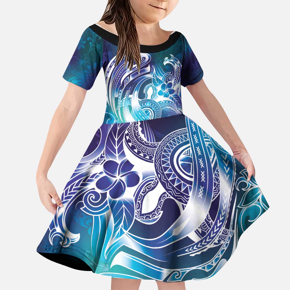 Aloha Hawaii Turtle Kid Short Sleeve Dress Teal Purple Ribbon LT7 KID Purple Teal - Polynesian Pride