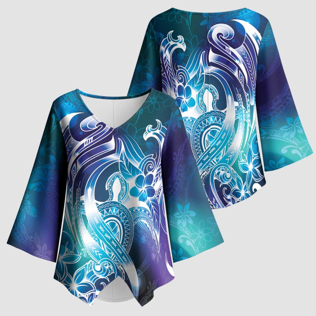 Aloha Hawaii Turtle Kimono Sleeve Blouse Teal Purple Ribbon - Polynesian Pride