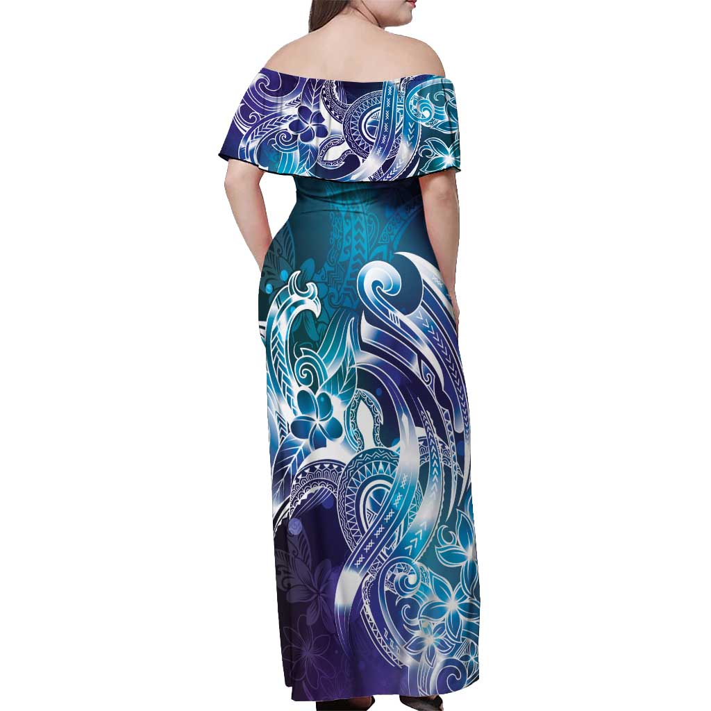 Aloha Hawaii Turtle Off Shoulder Maxi Dress Teal Purple Ribbon LT7 - Polynesian Pride