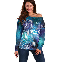 Aloha Hawaii Turtle Off Shoulder Sweater Teal Purple Ribbon - Polynesian Pride