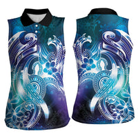 Aloha Hawaii Turtle Women Sleeveless Polo Shirt Teal Purple Ribbon - Polynesian Pride