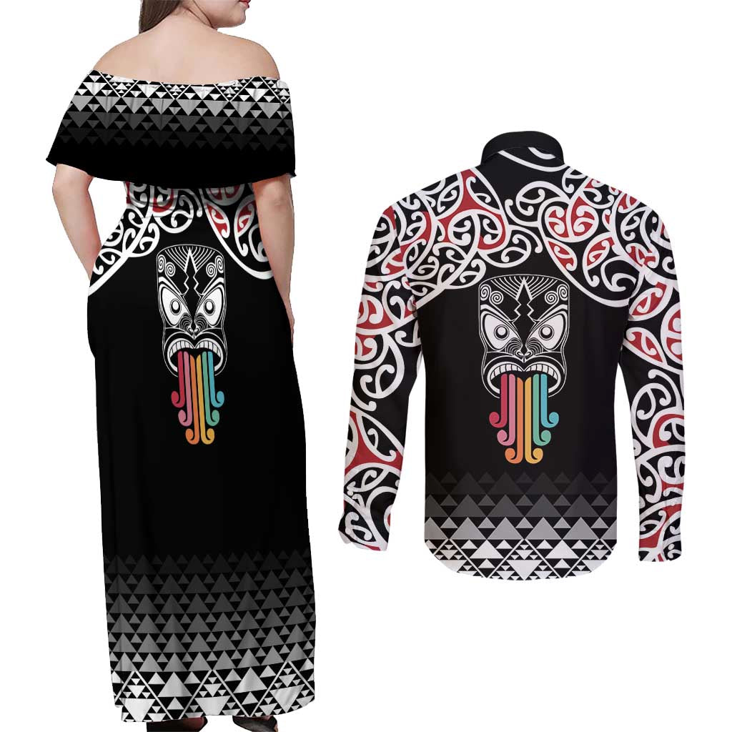 Kia Kaha Te Reo Maori Couples Matching Off Shoulder Maxi Dress and Long Sleeve Button Shirt 50 Years Mo Ake Tonu Te Reo - Polynesian Pride