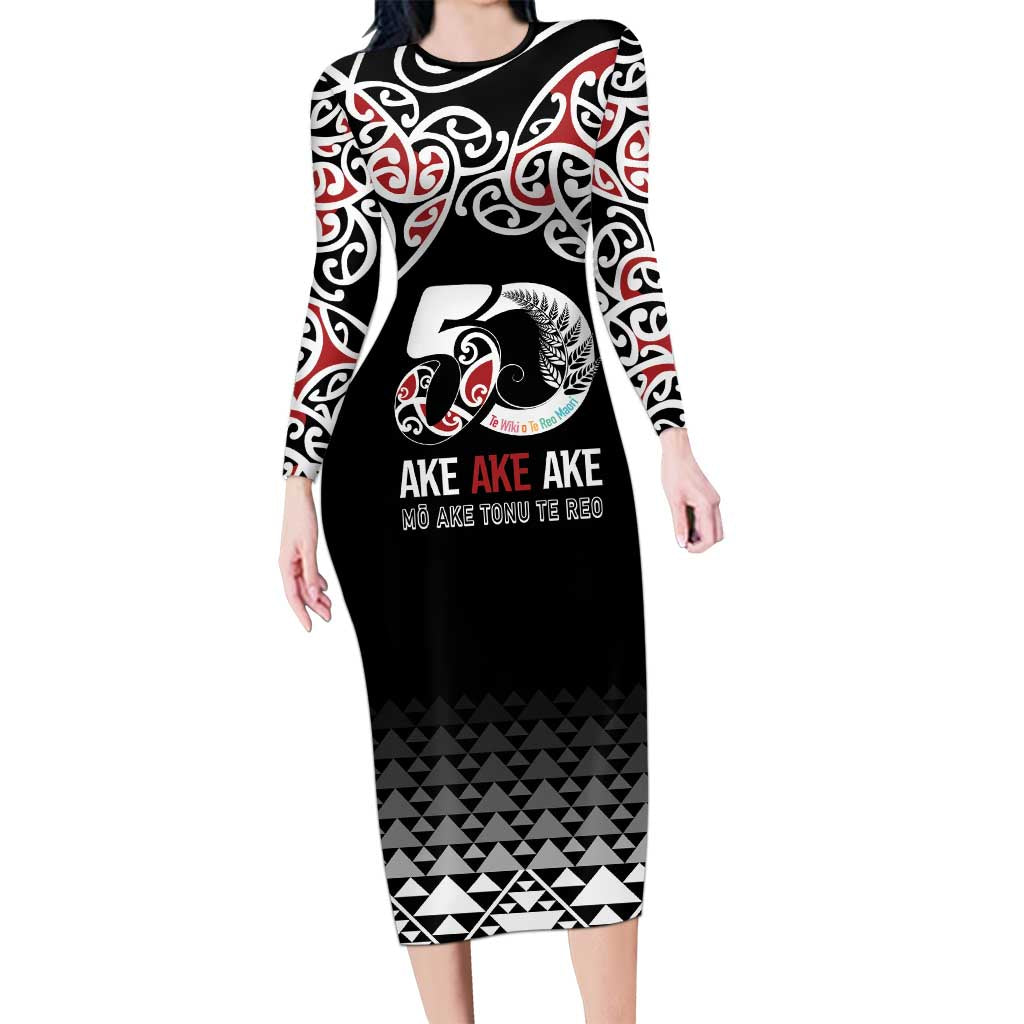 Kia Kaha Te Reo Maori Long Sleeve Bodycon Dress 50 Years Mo Ake Tonu Te Reo - Polynesian Pride