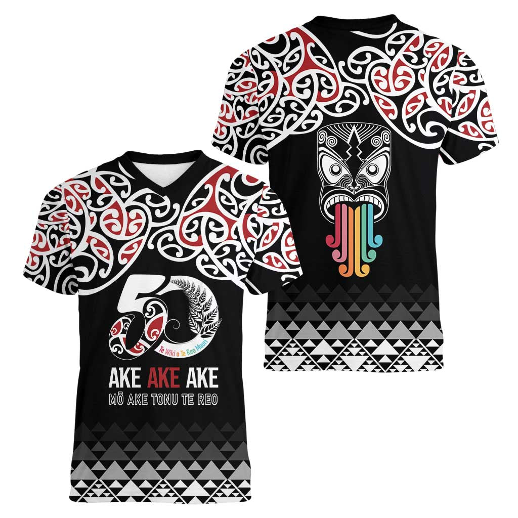 Kia Kaha Te Reo Maori Women V-Neck T-Shirt 50 Years Mo Ake Tonu Te Reo - Polynesian Pride