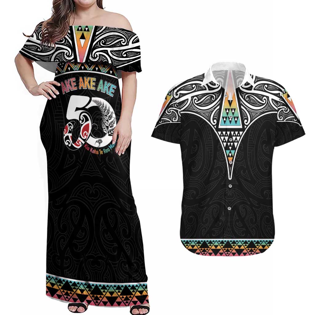 50 Years Kia Kaha Te Reo Maori Couples Matching Off Shoulder Maxi Dress and Hawaiian Shirt Ake Ake Ake! - Polynesian Pride