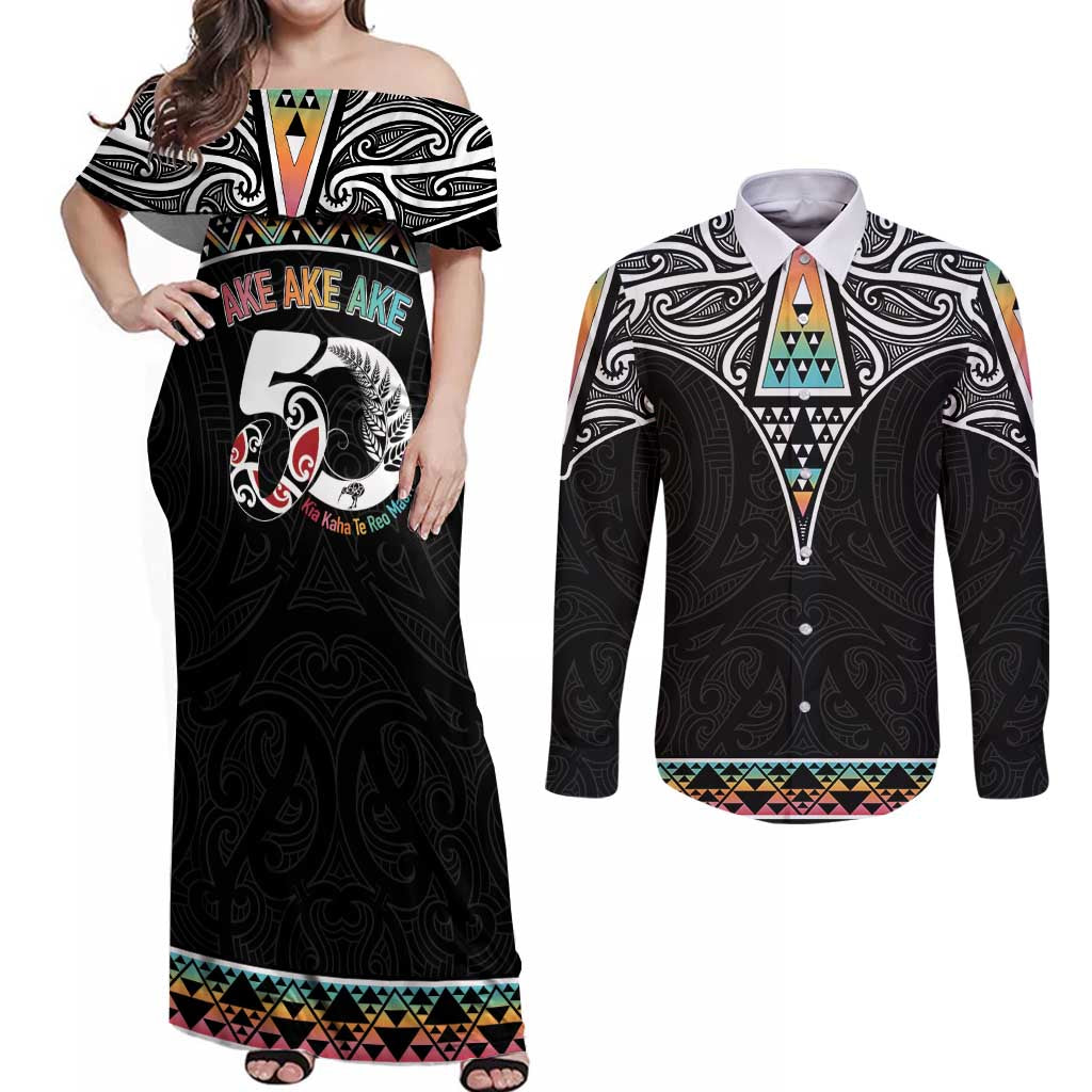 50 Years Kia Kaha Te Reo Maori Couples Matching Off Shoulder Maxi Dress and Long Sleeve Button Shirt Ake Ake Ake! - Polynesian Pride