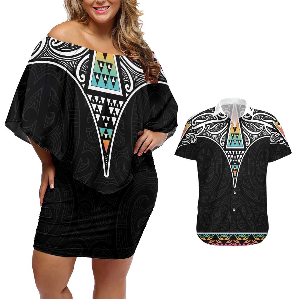 50 Years Kia Kaha Te Reo Maori Couples Matching Off Shoulder Short Dress and Hawaiian Shirt Ake Ake Ake! - Polynesian Pride