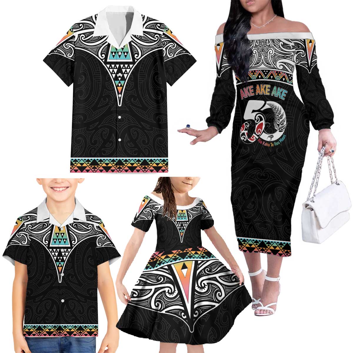 50 Years Kia Kaha Te Reo Maori Family Matching Off The Shoulder Long Sleeve Dress and Hawaiian Shirt Ake Ake Ake! - Polynesian Pride