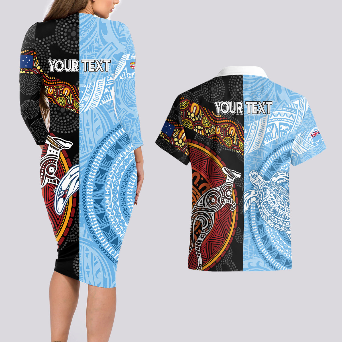 personalised-fiji-and-australia-couples-matching-long-sleeve-bodycon-dress-and-hawaiian-shirt-masi-patterns-mix-aboriginal-art