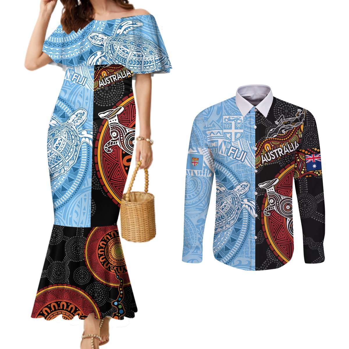 Personalised Fiji and Australia Couples Matching Mermaid Dress and Long Sleeve Button Shirts Masi Patterns Mix Aboriginal Art LT7 Colorful - Polynesian Pride