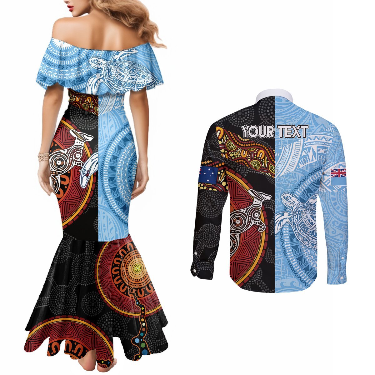 Personalised Fiji and Australia Couples Matching Mermaid Dress and Long Sleeve Button Shirts Masi Patterns Mix Aboriginal Art LT7 - Polynesian Pride