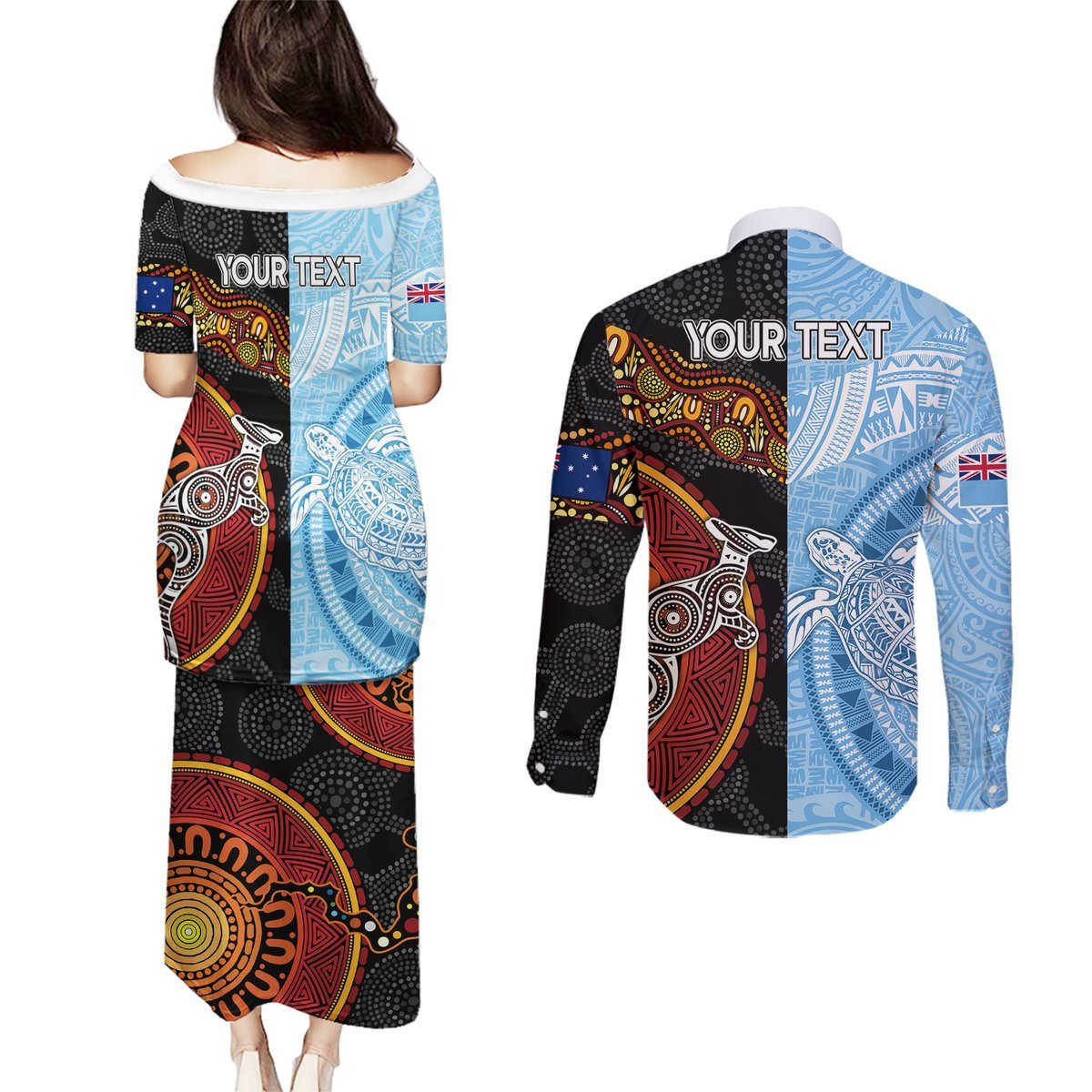 Personalised Fiji and Australia Couples Matching Puletasi Dress and Long Sleeve Button Shirts Masi Patterns Mix Aboriginal Art LT7 - Polynesian Pride