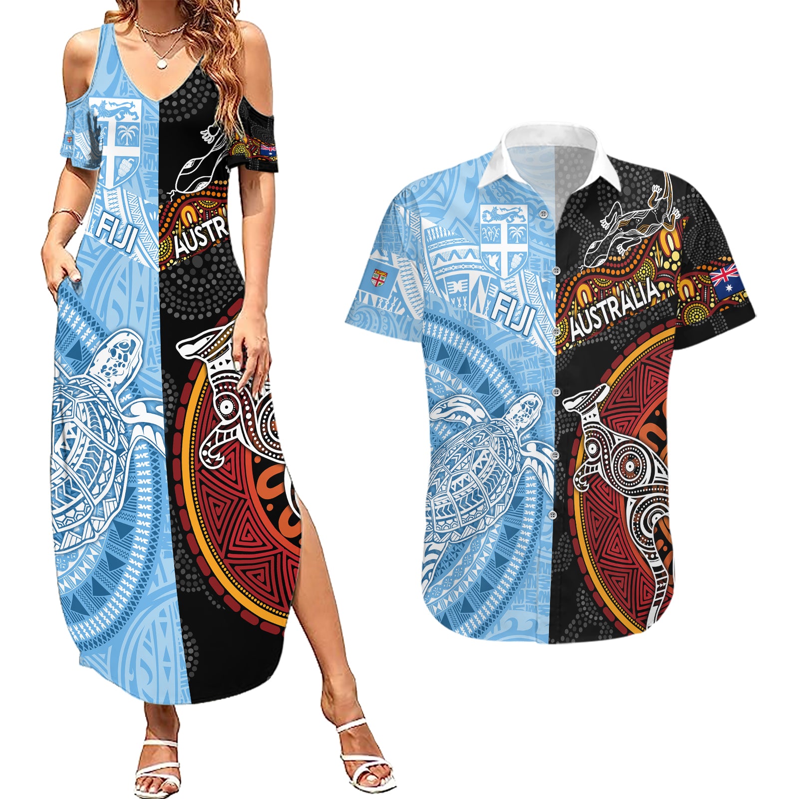 personalised-fiji-and-australia-couples-matching-summer-maxi-dress-and-hawaiian-shirt-masi-patterns-mix-aboriginal-art