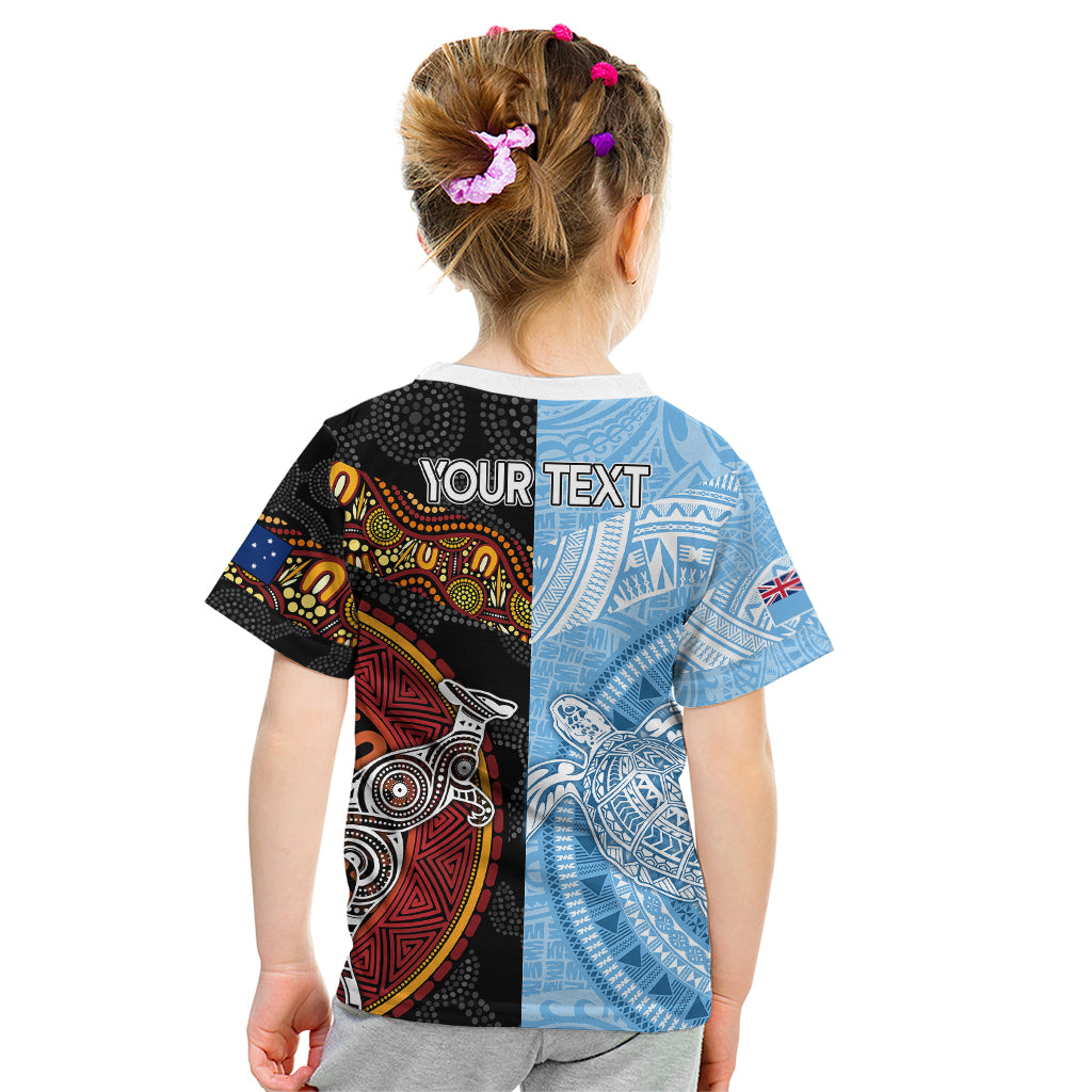 Personalised Fiji and Australia Kid T Shirt Masi Patterns Mix Aboriginal Art LT7 - Polynesian Pride