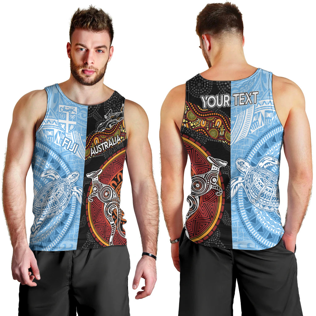 Personalised Fiji and Australia Men Tank Top Masi Patterns Mix Aboriginal Art LT7 - Polynesian Pride
